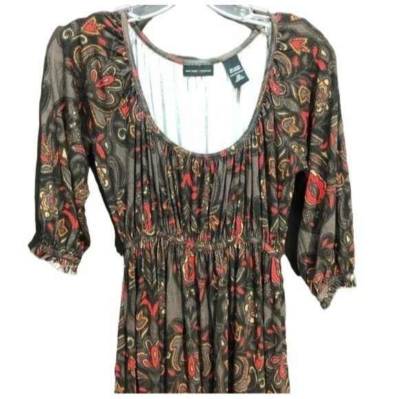 new york &amp; co floral x small brown dress 3/4 sleeve knee high rayon blend RE - Picture 1 of 6
